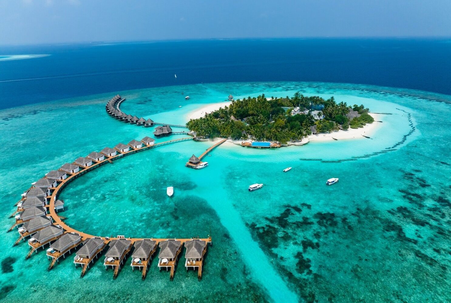 Aerial View, Maldives, North Malé Atoll, Indian Ocean, Thulhagiri Island Resort with Water Bungalows